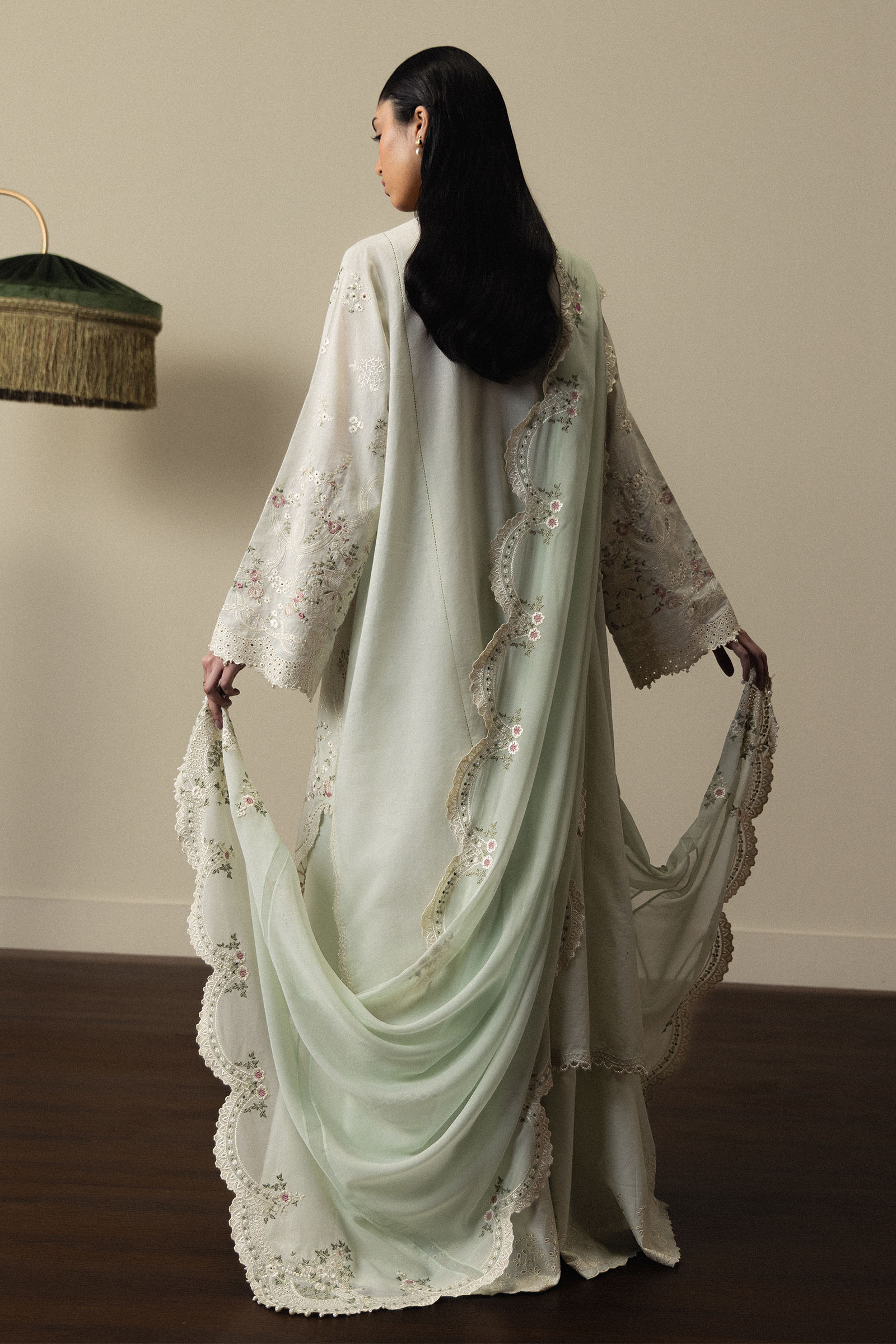  Model Wearing Mint Green Pima Lawn Long Shirt with Sharara - Zara Shahjahan | Satori 2026 | Aoiha-D4 - Ladies Clothes - Maria Faisal