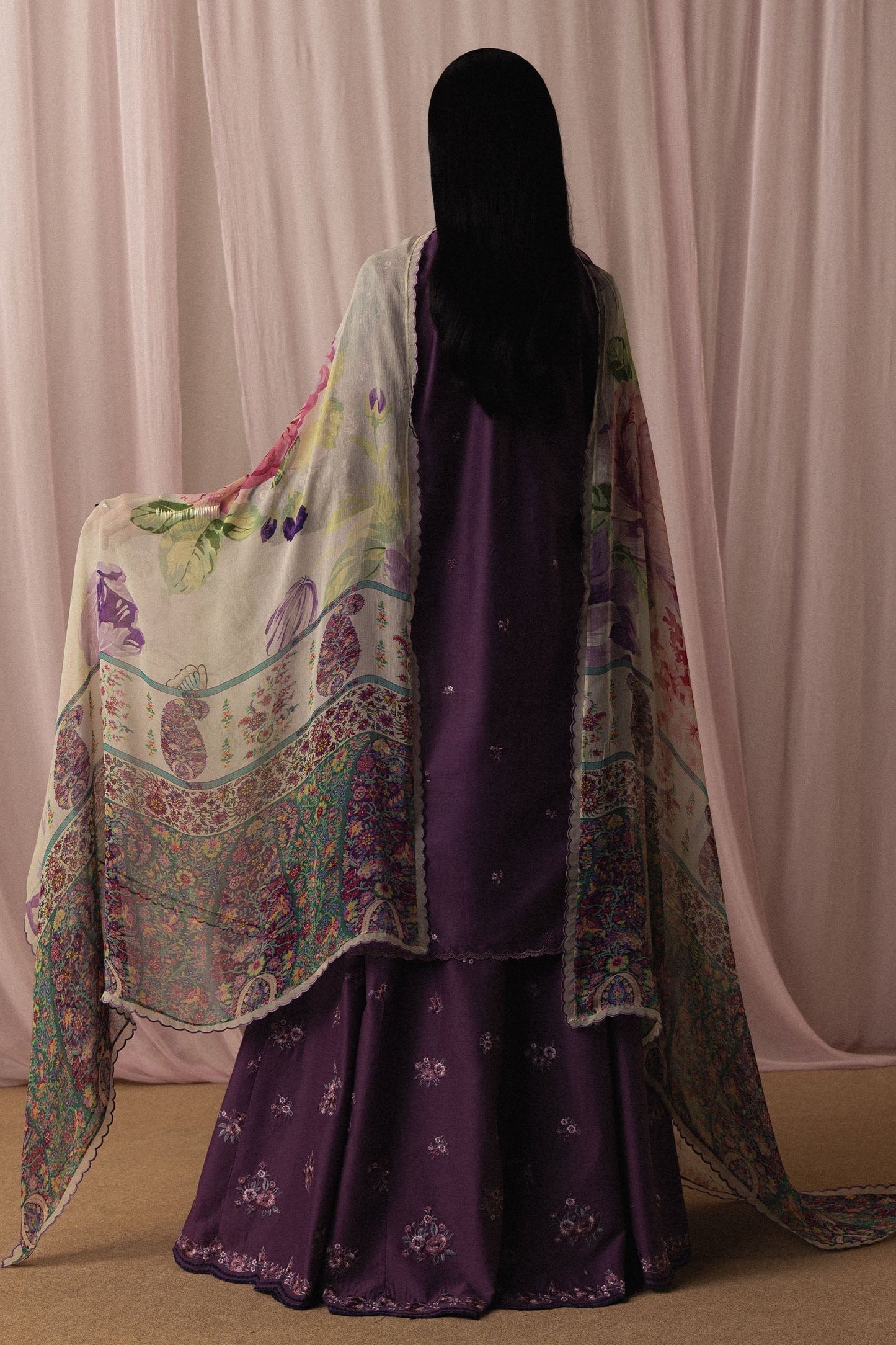  Model Wearing Plum Pima Lawn Shirt with Sharara - Zara Shahjahan | Satori 2026 | Sumire-D2 - Ladies Clothes - Maria Faisal