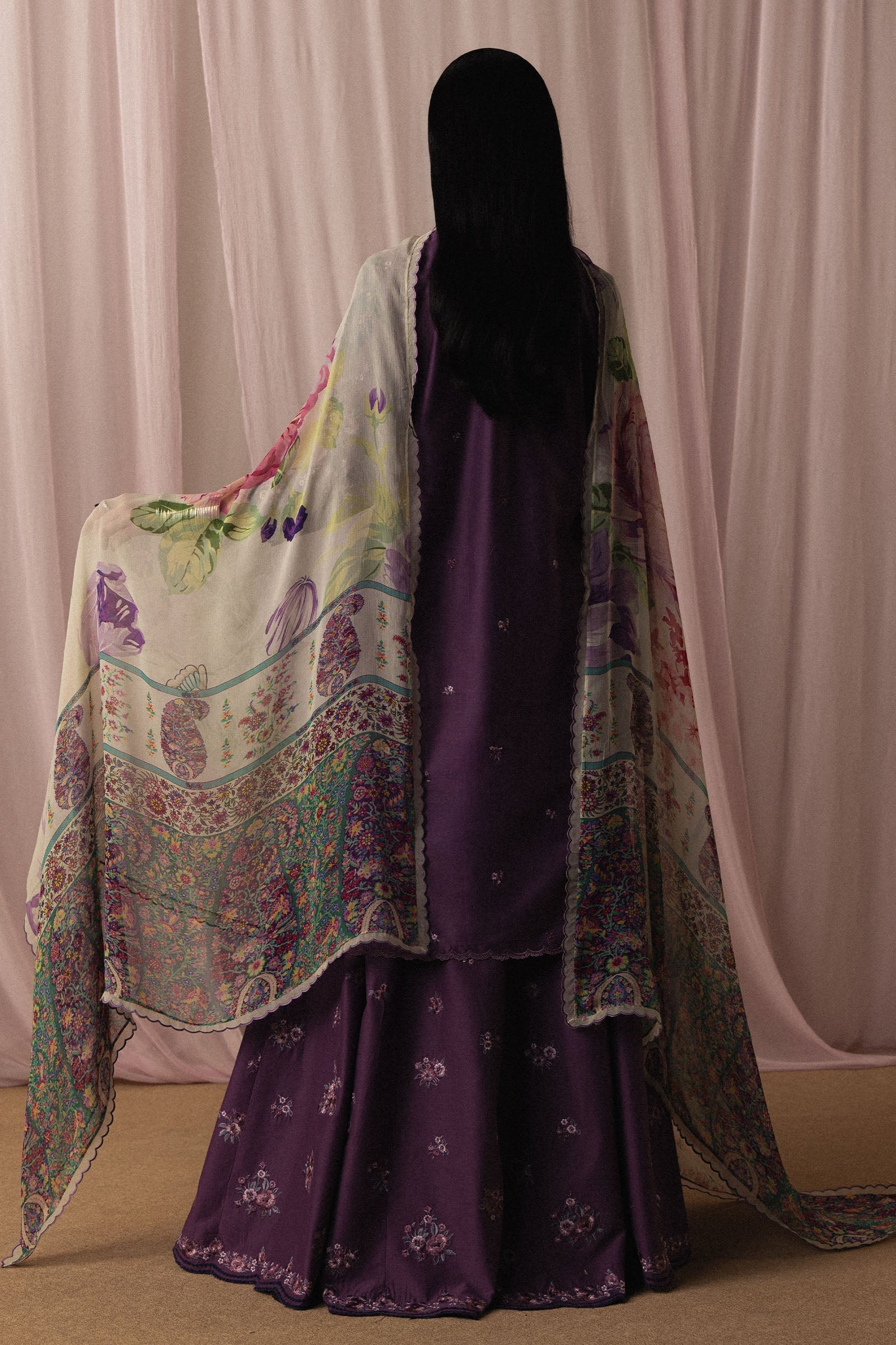  Model Wearing Plum Pima Lawn Shirt with Sharara - Zara Shahjahan | Satori 2026 | Sumire-D2 - Ladies Clothes - Maria Faisal