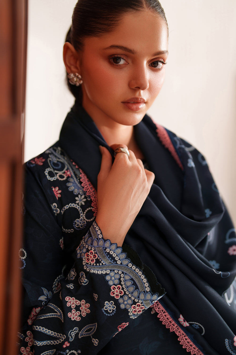 Farasha | Meline Premium Viscose 25 | Night Oak - Luxury Dress - available at Maria Faisal in UK and USA.