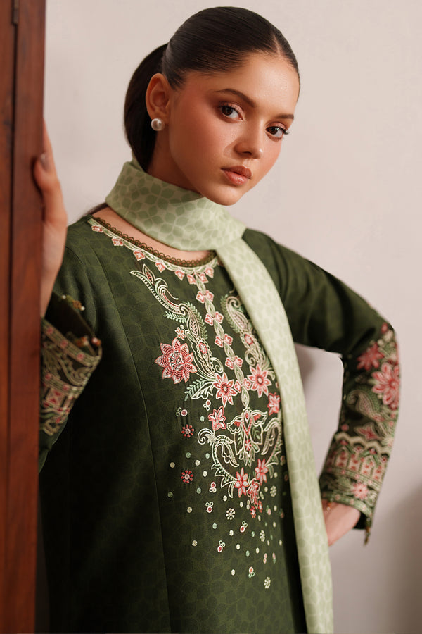 Farasha | Meline Premium Viscose 25 | Olive Drape - Luxury Dress - available at Maria Faisal in UK and USA.