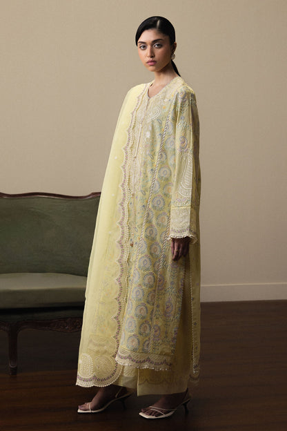  Model Wearing Lemon Yellow Pima Lawn Long Shirt - Zara Shahjahan | Satori 2026 | Hinata-D3 - Ladies Clothes - Maria Faisal