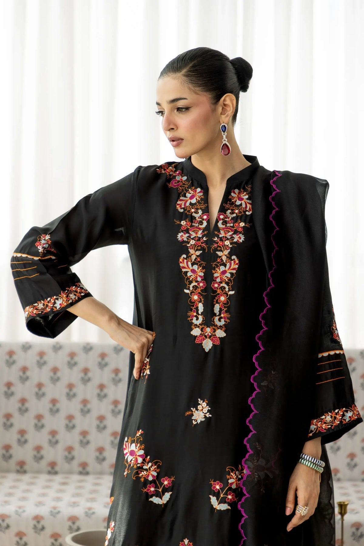 Wahaj M Khan | Sanam Luxe | Noir Sanam Kaftan - Luxury Dress - available at Maria Faisal in UK and USA.