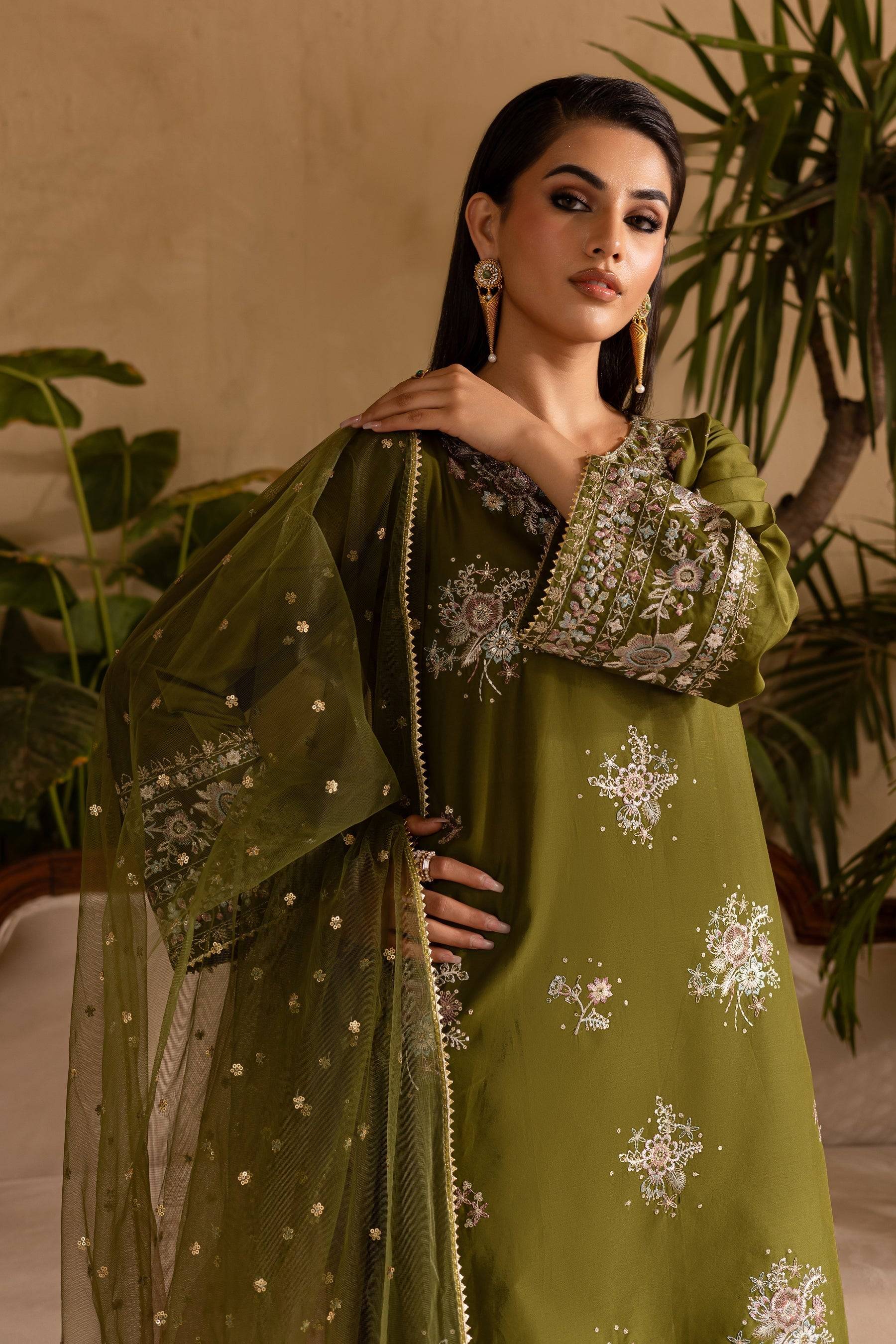 Batik | Nyra Embroidered Summer Solids | Farshi Green by Maria Faisal - Registered Vendor of : Batik - type : Ladies Clothes - 100% original wedding dresses