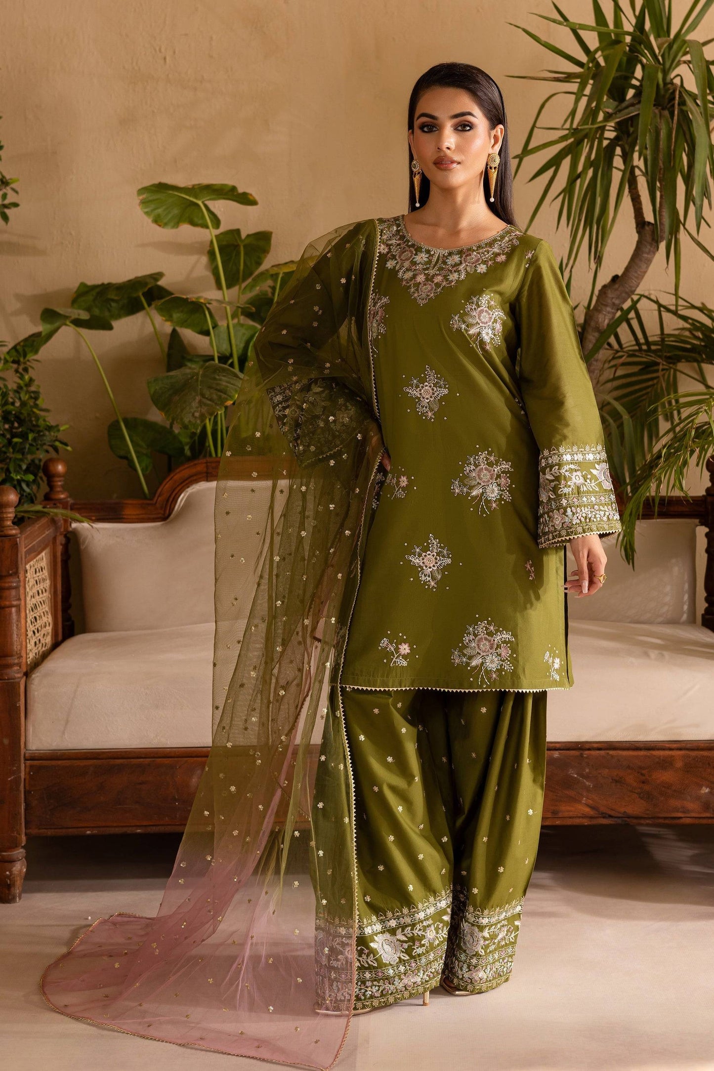 Batik | Nyra Embroidered Summer Solids | Farshi Green by Maria Faisal - Registered Vendor of : Batik - type : Ladies Clothes - 100% original wedding dresses