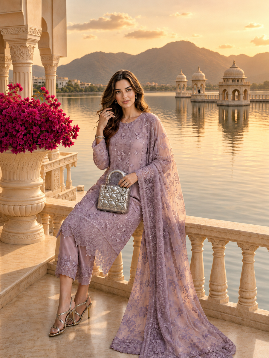 Saadia Asad | Nooriyah Luxury Chiffon | D6 - Vintage Mauve - Formal Dress - available at Maria Faisal in UK and USA.