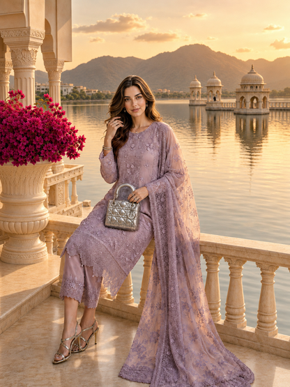 Saadia Asad | Nooriyah Luxury Chiffon | D6 - Vintage Mauve - Formal Dress - available at Maria Faisal in UK and USA.