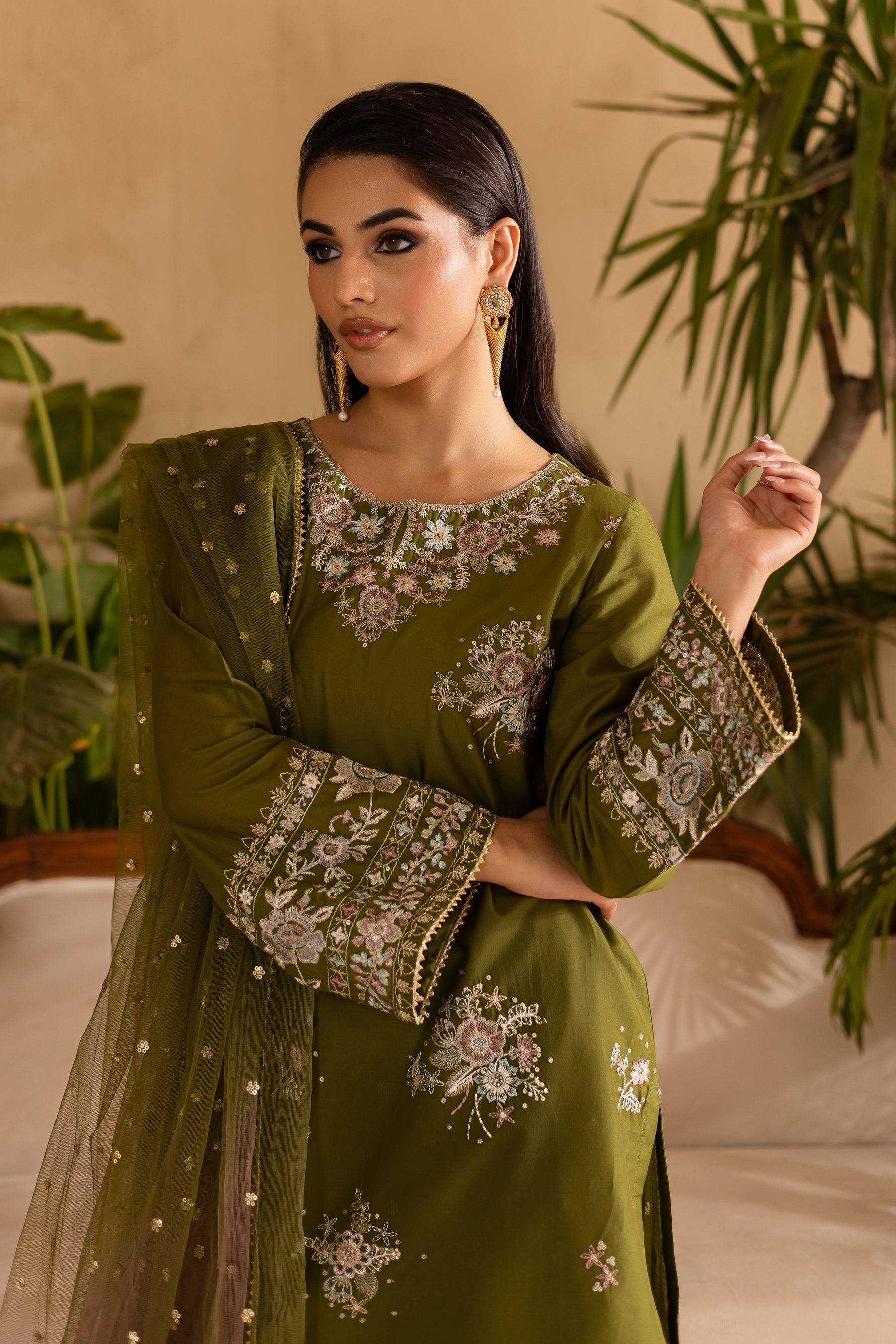 Batik | Nyra Embroidered Summer Solids | Farshi Green by Maria Faisal - Registered Vendor of : Batik - type : Ladies Clothes - 100% original wedding dresses
