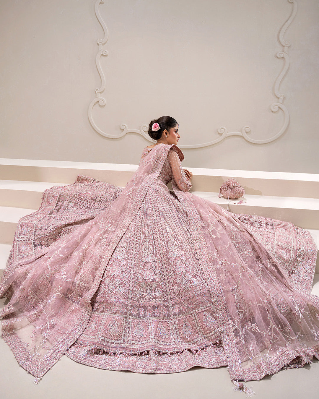 Blush Pink Embroidered Net Open Pishwas with Lehnga - Faiza Saqlain | Rua Wedding Formals | Leyan | Mariafaisal Blush Pink Embroidered Net Open Pishwas with Lehnga - Faiza Saqlain | Rua Wedding Formals | Leyan | Mariafaisal