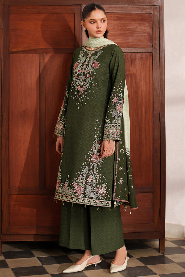 Farasha | Meline Premium Viscose 25 | Olive Drape - Luxury Dress - available at Maria Faisal in UK and USA.