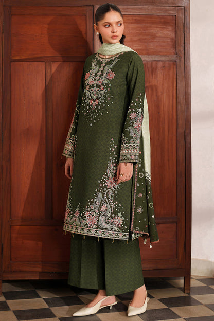 Farasha | Meline Premium Viscose 25 | Olive Drape - Luxury Dress - available at Maria Faisal in UK and USA.
