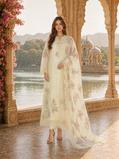 Saadia Asad | Nooriyah Luxury Chiffon | D5 - Pale Yellow - Formal Dress - available at Maria Faisal in UK and USA.