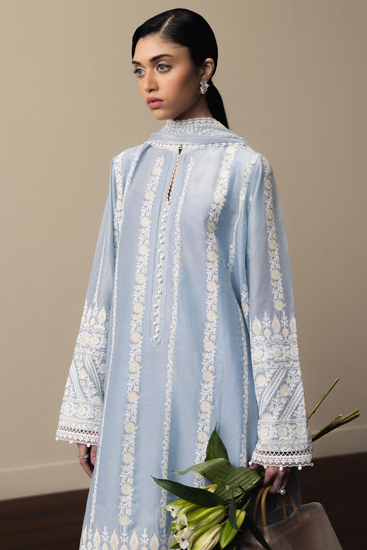  Model Wearing Powder Blue Pima Lawn Shirt with Sharara - Zara Shahjahan | Satori 2026 | Aoyomi-D1 - Ladies Clothes - Maria Faisal