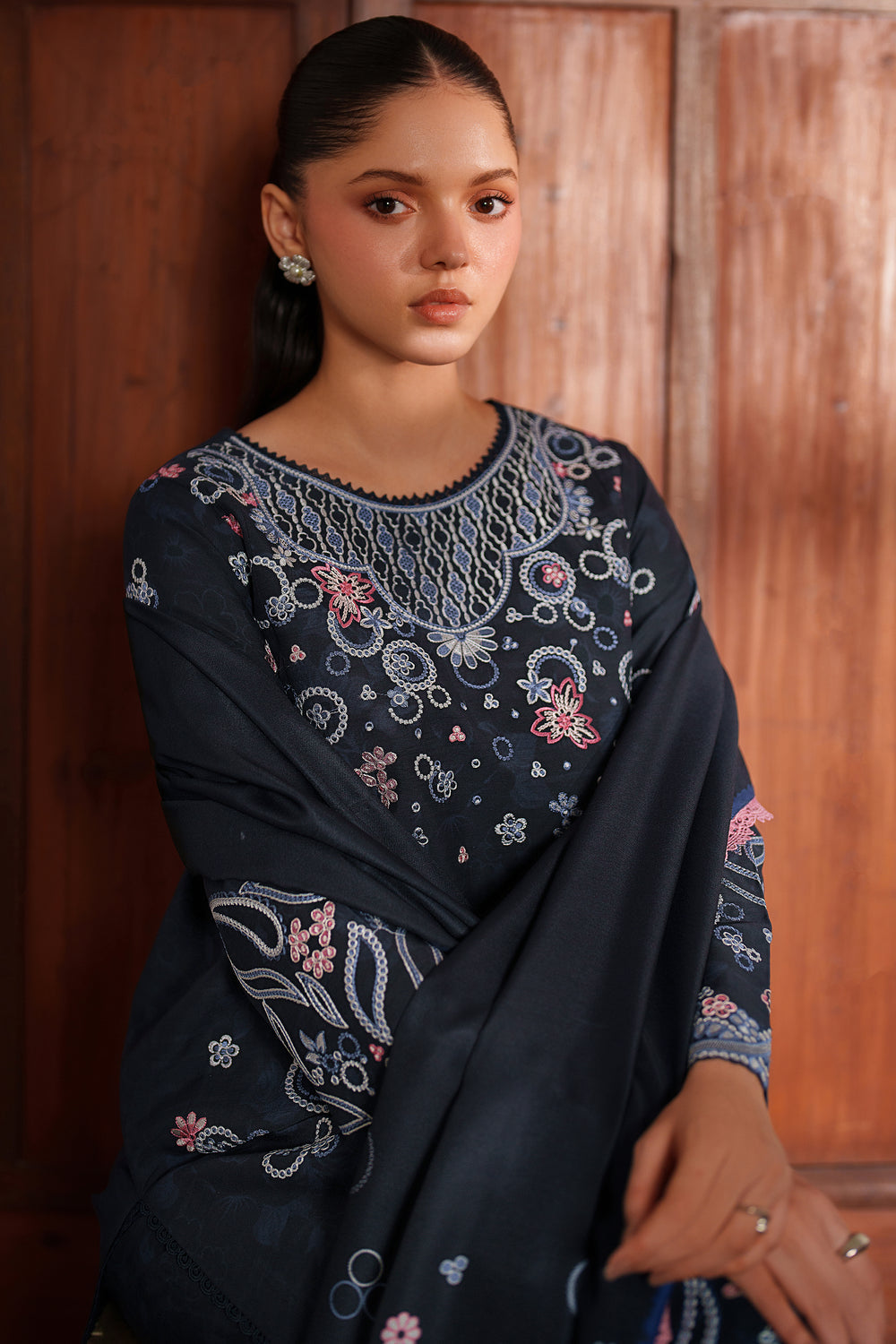 Farasha | Meline Premium Viscose 25 | Night Oak - Luxury Dress - available at Maria Faisal in UK and USA.