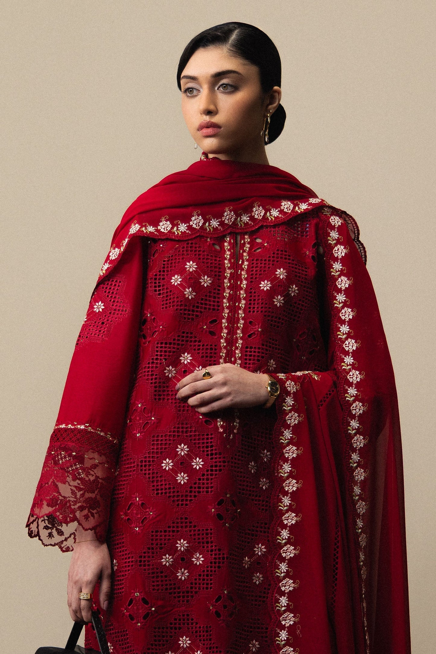  Model Wearing Red Pima Lawn Long Shirt - Zara Shahjahan | Satori 2026 | Akari-D8 - Ladies Clothes - Maria Faisal