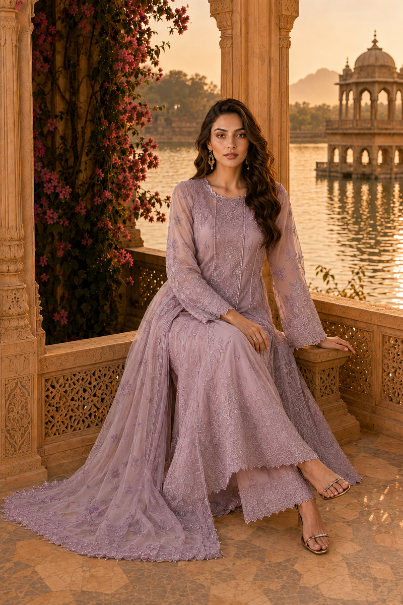 Saadia Asad | Nooriyah Luxury Chiffon | D6 - Vintage Mauve - Formal Dress - available at Maria Faisal in UK and USA.