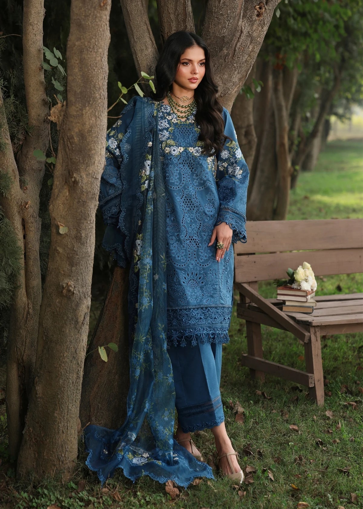 Sardinia | Tales of Petals | BLUE BLOSSOMS - Luxury Dress - available at Maria Faisal in UK and USA.