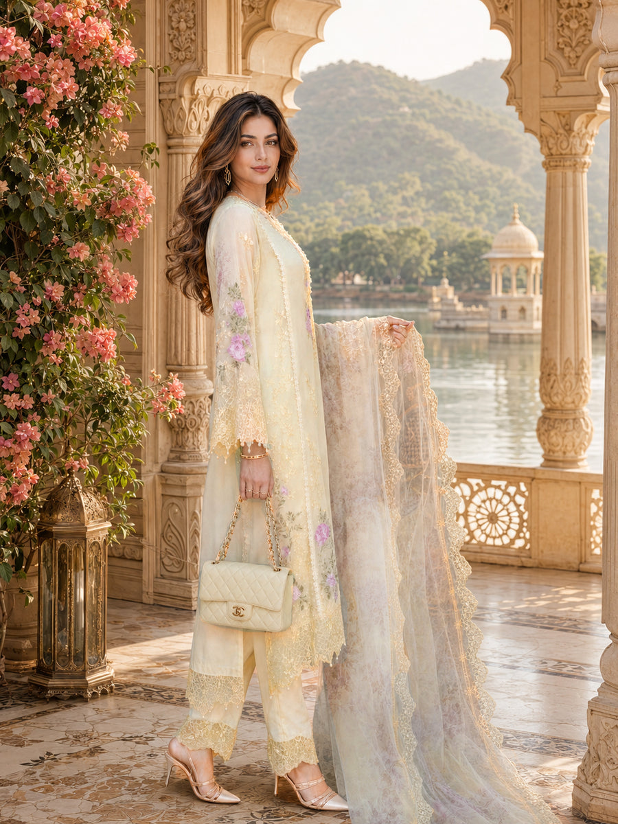 Saadia Asad | Nooriyah Luxury Chiffon | D5 - Pale Yellow - Formal Dress - available at Maria Faisal in UK and USA.