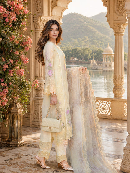 Saadia Asad | Nooriyah Luxury Chiffon | D5 - Pale Yellow - Formal Dress - available at Maria Faisal in UK and USA.