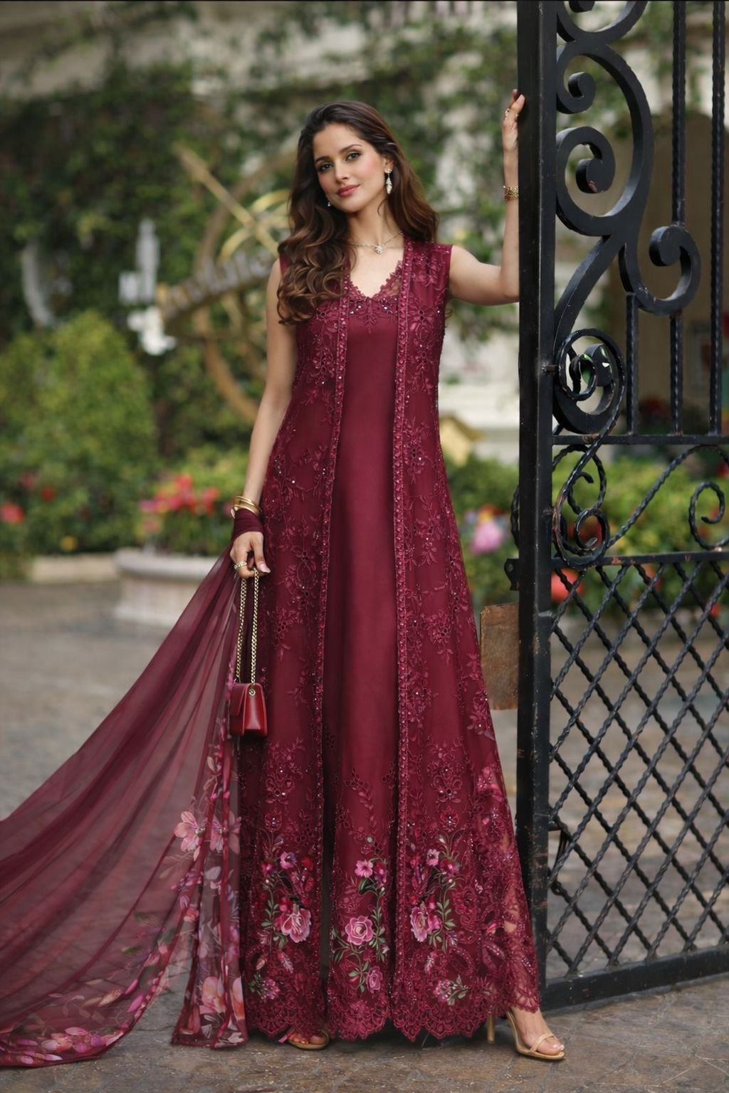 Noor by Saadia Asad | Eid Luxe Chikankari 26 | D3 -Bordeaux - Luxury Dress - available at Maria Faisal in UK and USA.