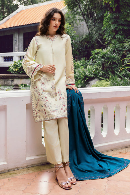 Off White Embroidered Khaddar Short Shirt with Trouser - Naqshi | Nuri Khaddar Velvet Marina | Mujeeba