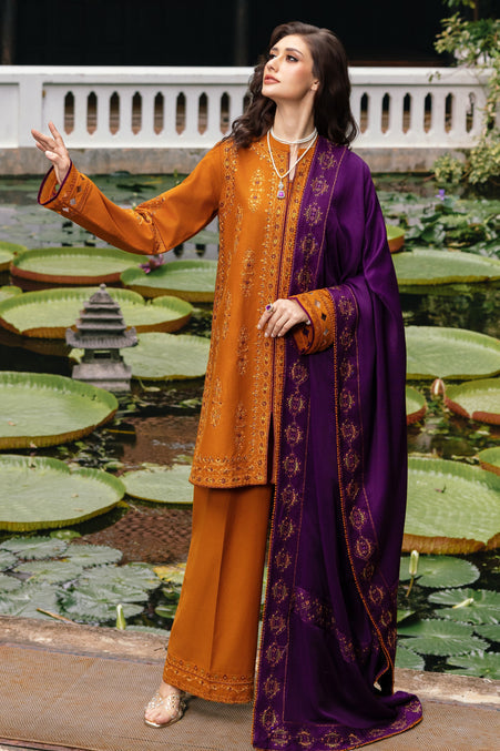 Orange Embroidered Khaddar short open shirt with plazo - Naqshi | Nuri Khaddar Velvet Marina | Duraab