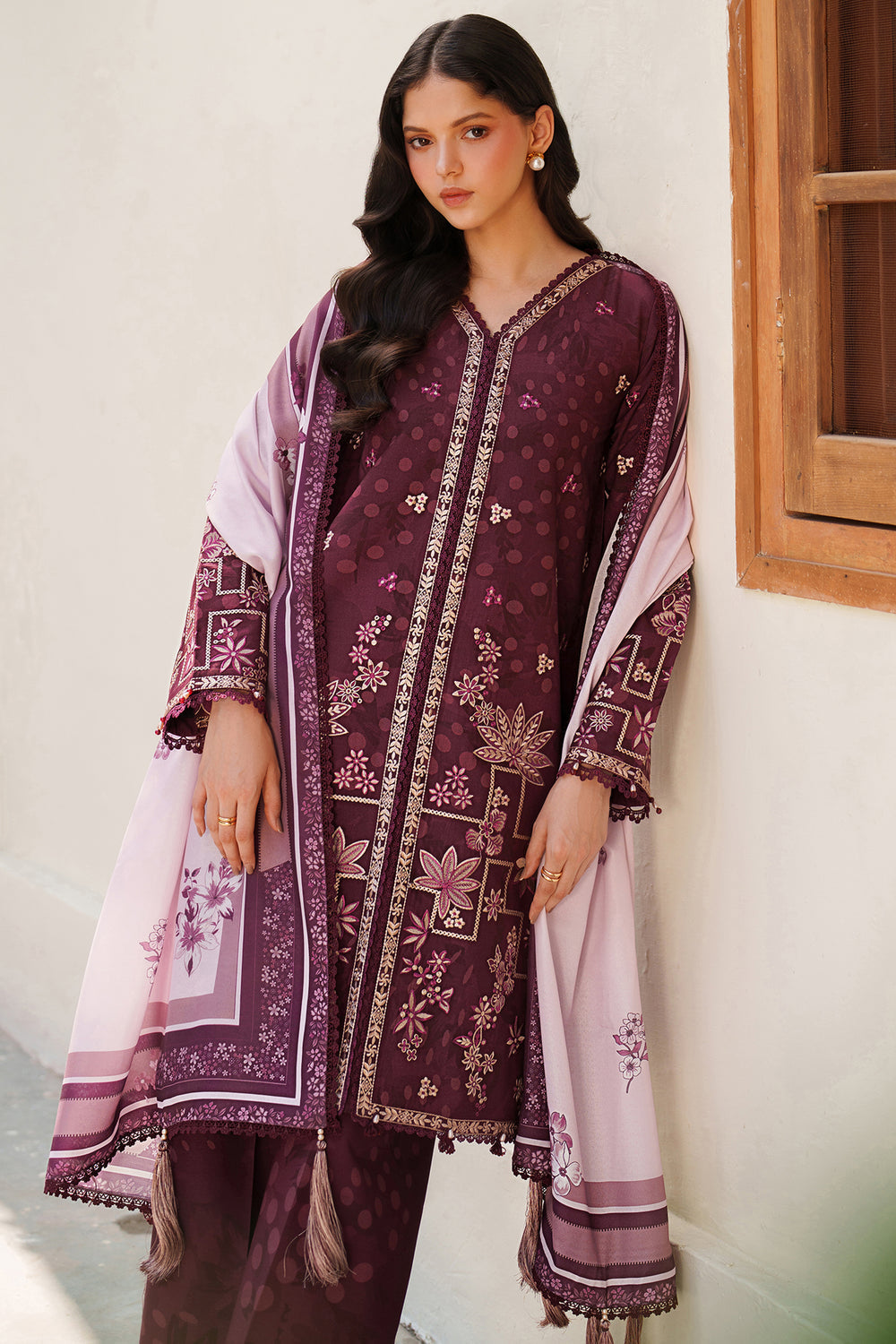 Farasha | Meline Premium Viscose 25 | Mauve Cream - Luxury Dress - available at Maria Faisal in UK and USA.