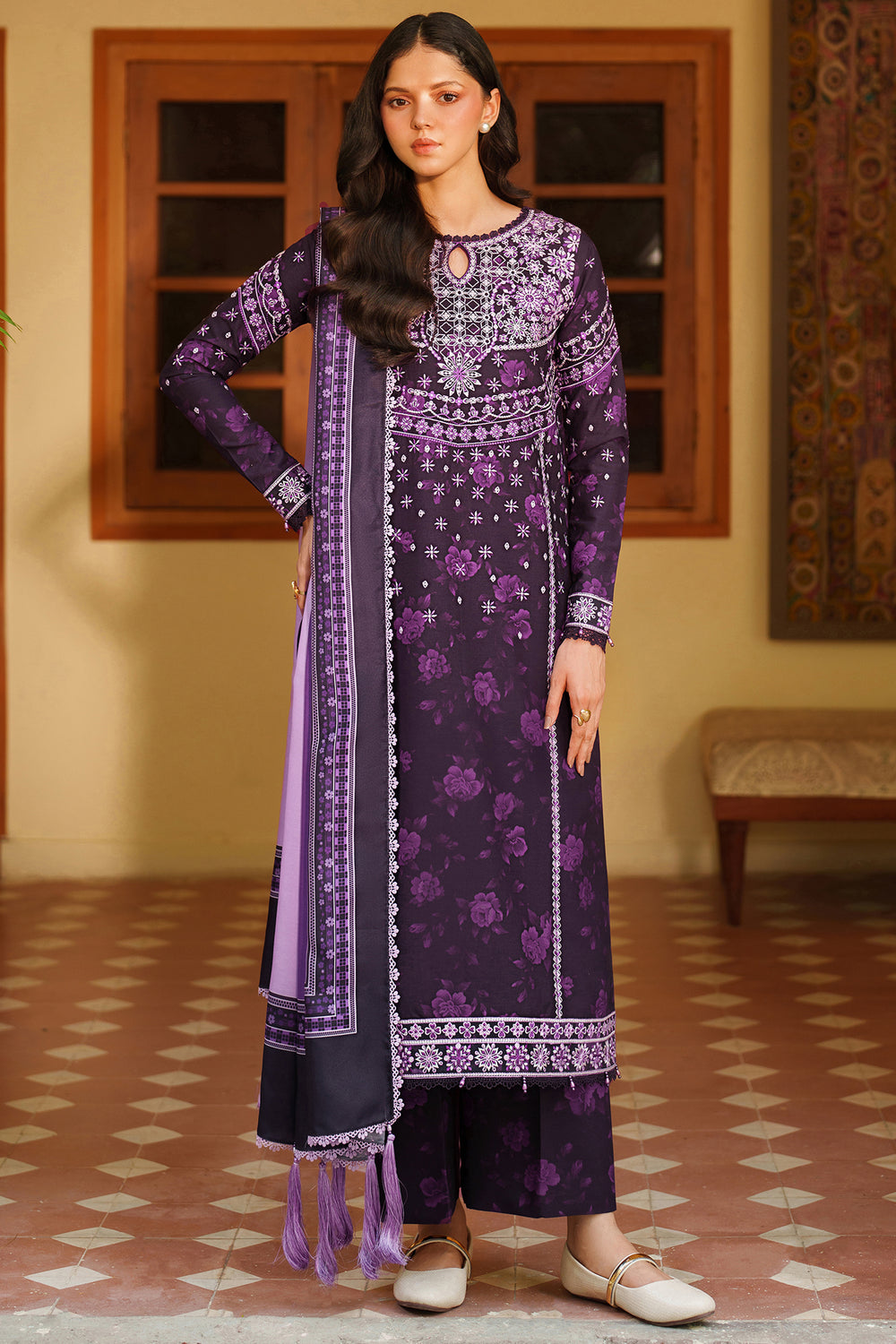 Farasha | Meline Premium Viscose 25 | Plum Powder - Luxury Dress - available at Maria Faisal in UK and USA.
