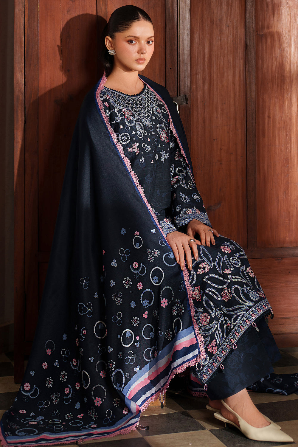 Farasha | Meline Premium Viscose 25 | Night Oak - Luxury Dress - available at Maria Faisal in UK and USA.