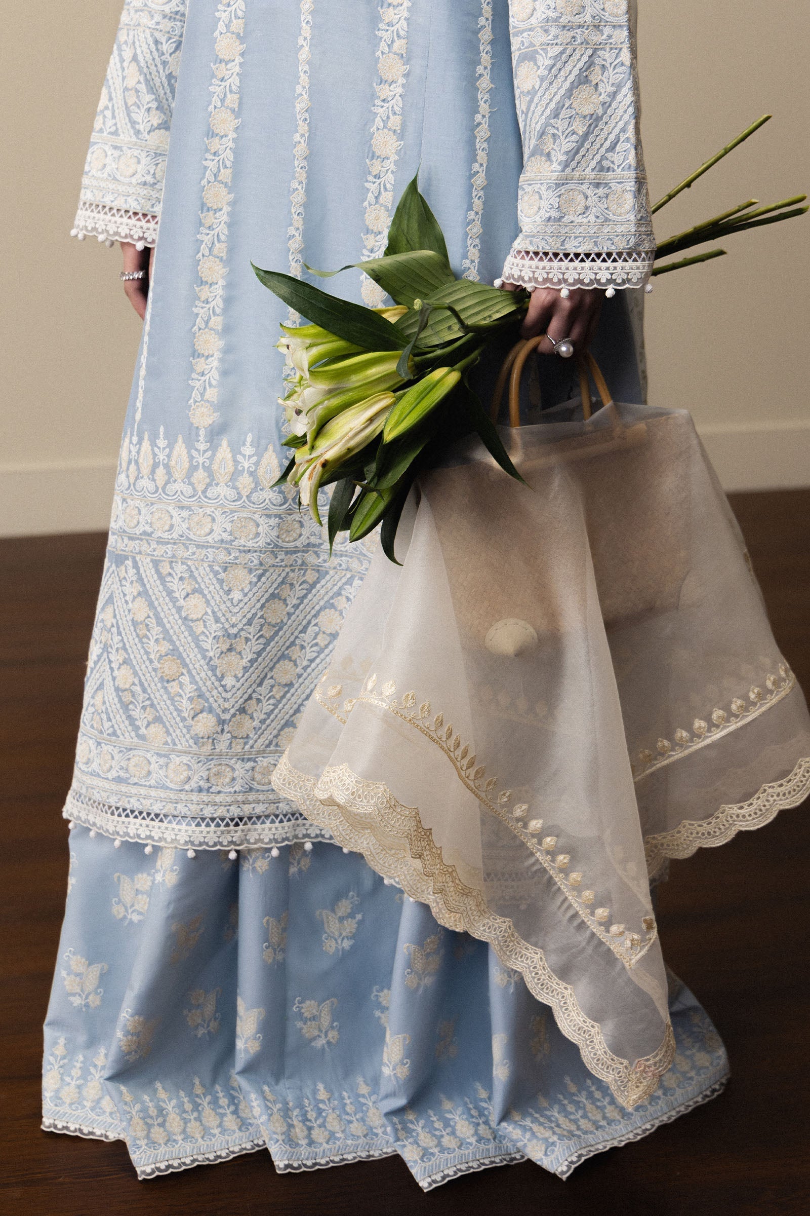  Model Wearing Powder Blue Pima Lawn Shirt with Sharara - Zara Shahjahan | Satori 2026 | Aoyomi-D1 - Ladies Clothes - Maria Faisal
