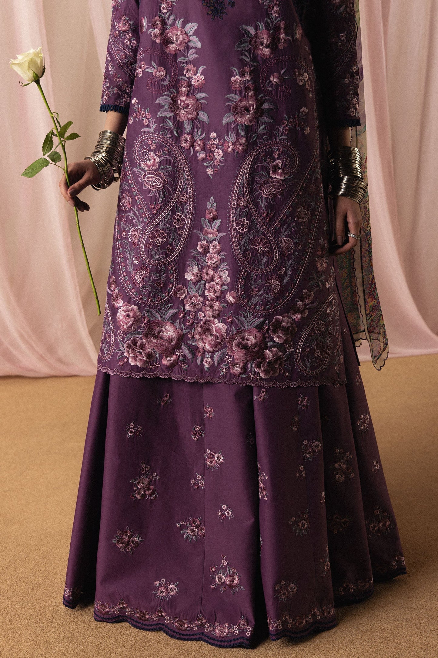  Model Wearing Plum Pima Lawn Shirt with Sharara - Zara Shahjahan | Satori 2026 | Sumire-D2 - Ladies Clothes - Maria Faisal