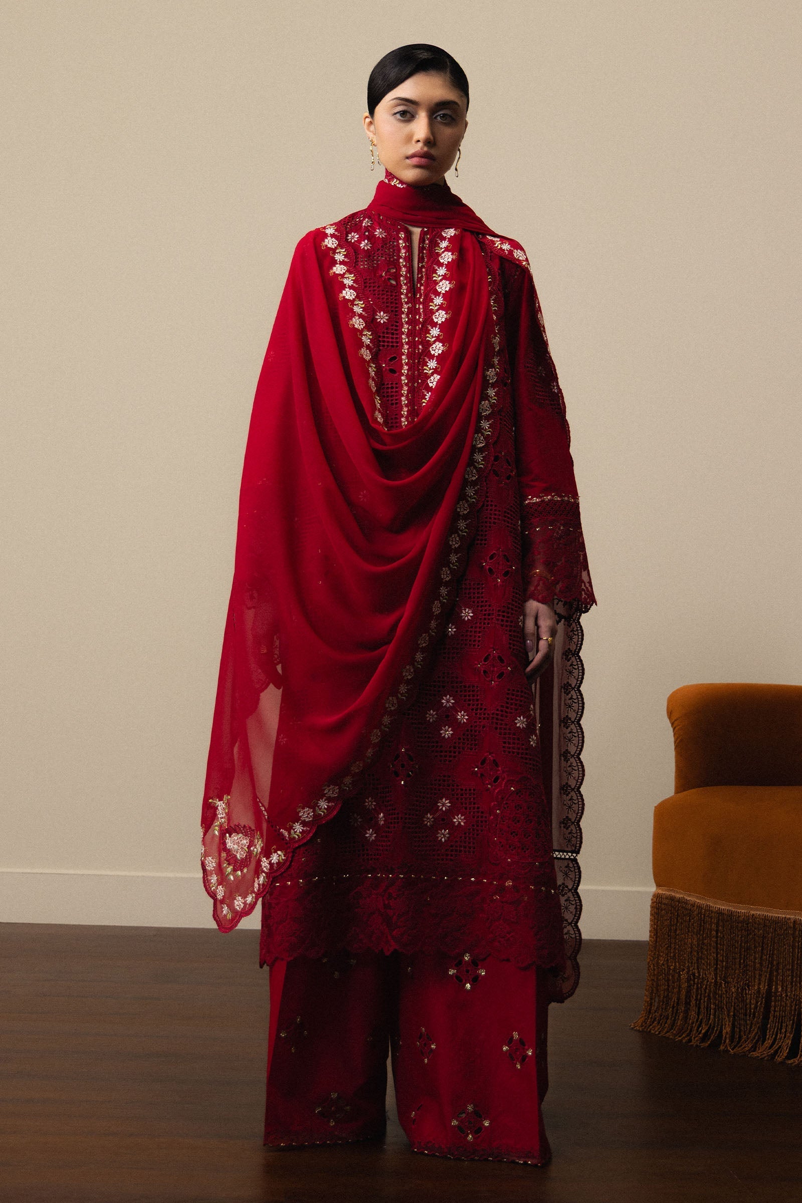  Model Wearing Red Pima Lawn Long Shirt - Zara Shahjahan | Satori 2026 | Akari-D8 - Ladies Clothes - Maria Faisal