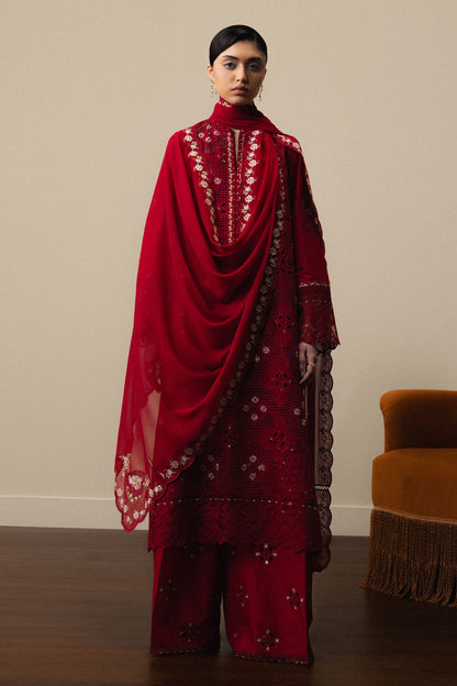 Model Wearing Red Pima Lawn Long Shirt - Zara Shahjahan | Satori 2026 | Akari-D8 - Ladies Clothes - Maria Faisal
