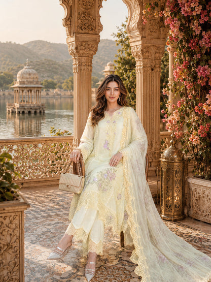 Saadia Asad | Nooriyah Luxury Chiffon | D5 - Pale Yellow - Formal Dress - available at Maria Faisal in UK and USA.