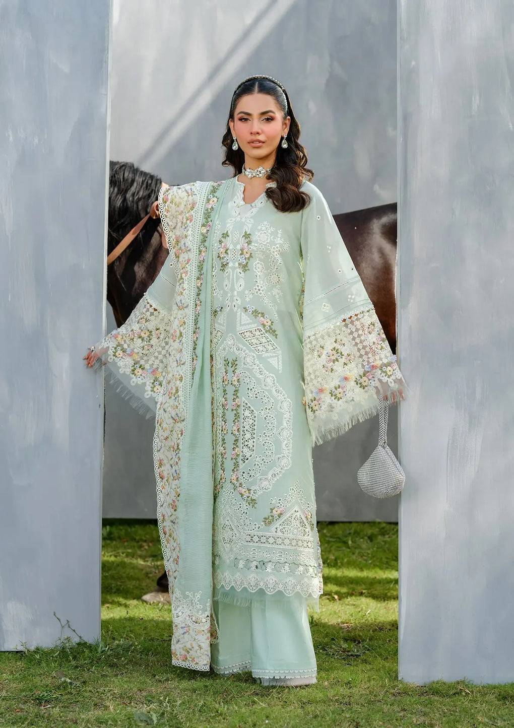 Elaf Premium | Luxury Lawn 25 | ELH-4B FROSTEL by Maria Faisal - Registered Vendor of : Elaf Premium - type : Ladies Clothes - 100% original wedding dresses
