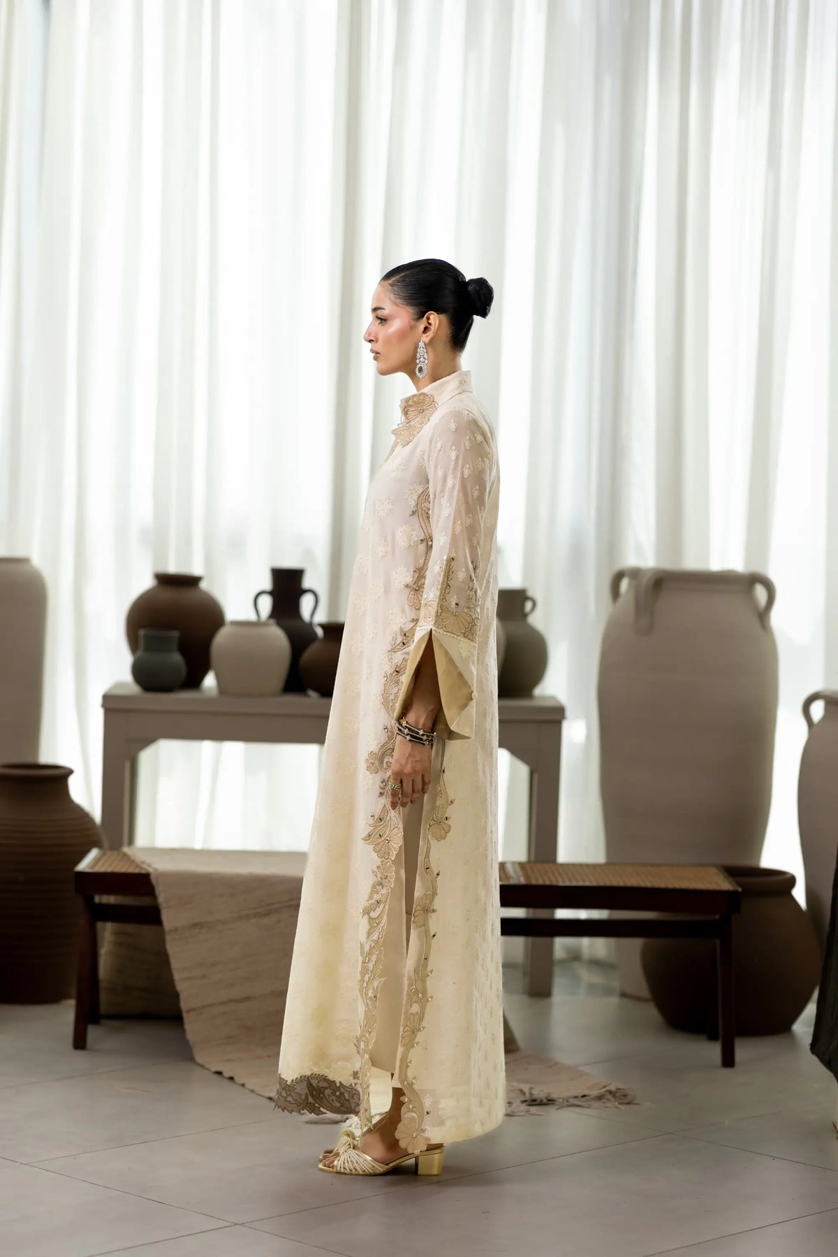 Wahaj M Khan | Sanam Luxe | Ivory Sanam Kaftan - Luxury Dress - available at Maria Faisal in UK and USA.