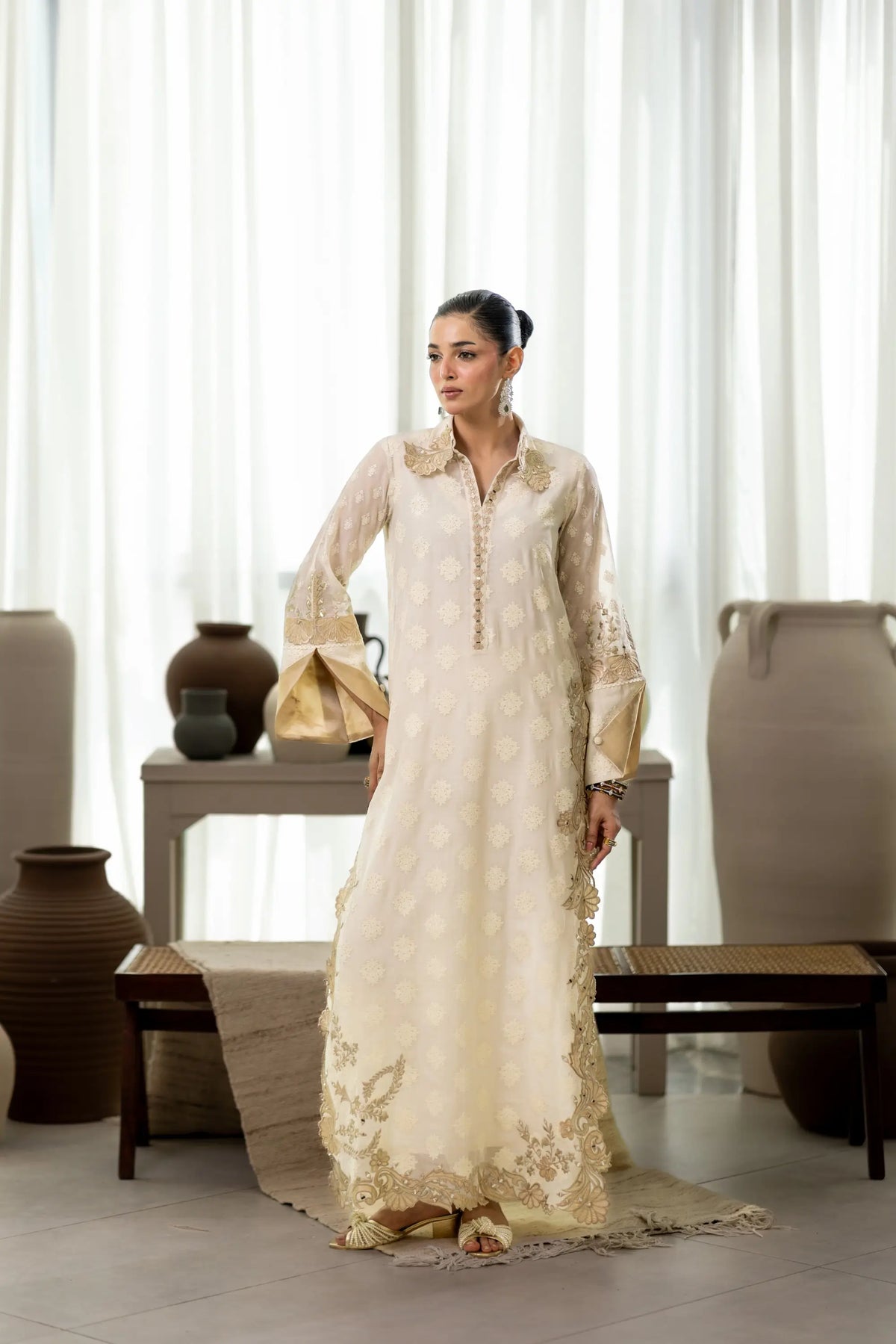 Wahaj M Khan | Sanam Luxe | Ivory Sanam Kaftan - Luxury Dress - available at Maria Faisal in UK and USA.