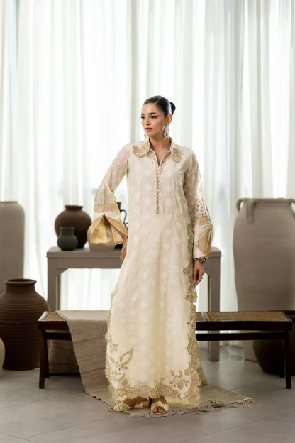 Wahaj M Khan | Sanam Luxe | Ivory Sanam Kaftan - Luxury Dress - available at Maria Faisal in UK and USA.
