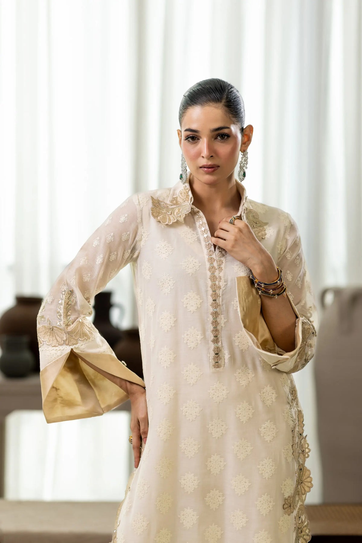 Wahaj M Khan | Sanam Luxe | Ivory Sanam Kaftan - Luxury Dress - available at Maria Faisal in UK and USA.
