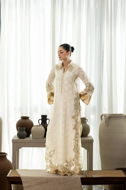 Wahaj M Khan | Sanam Luxe | Ivory Sanam Kaftan - Luxury Dress - available at Maria Faisal in UK and USA.