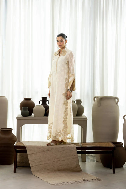Wahaj M Khan | Sanam Luxe | Ivory Sanam Kaftan - Luxury Dress - available at Maria Faisal in UK and USA.