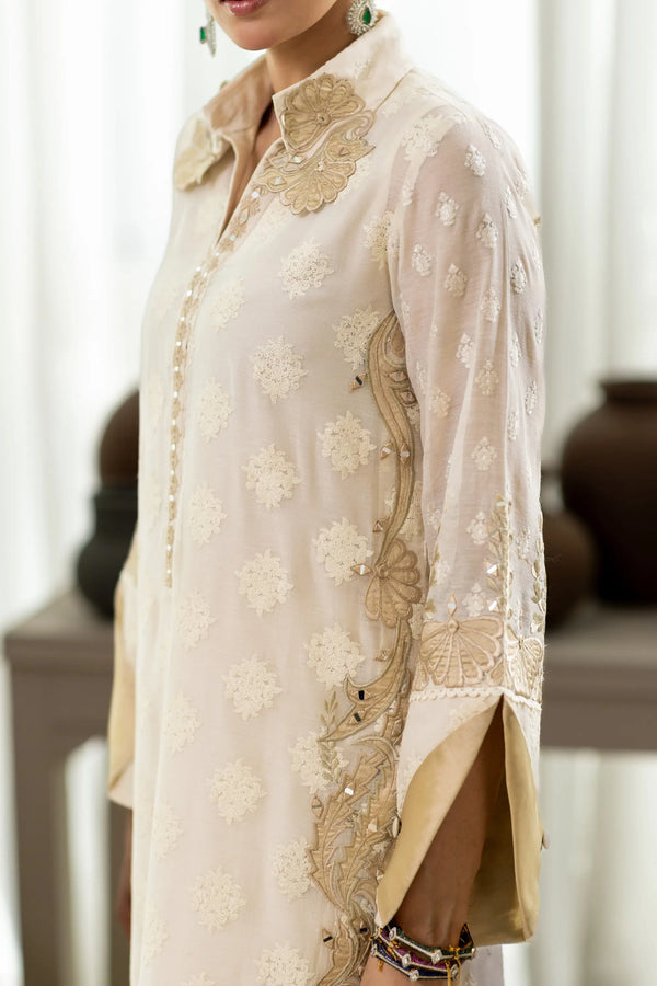 Wahaj M Khan | Sanam Luxe | Ivory Sanam Kaftan - Luxury Dress - available at Maria Faisal in UK and USA.