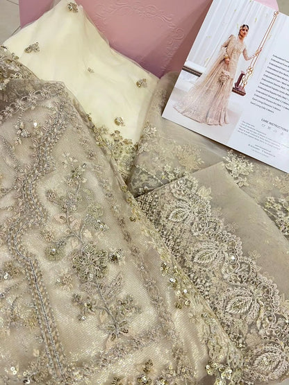 Ivory Embroidered Net Short Shirt with Gharara - Faiza Saqlain | Rua Wedding Formals | Safak