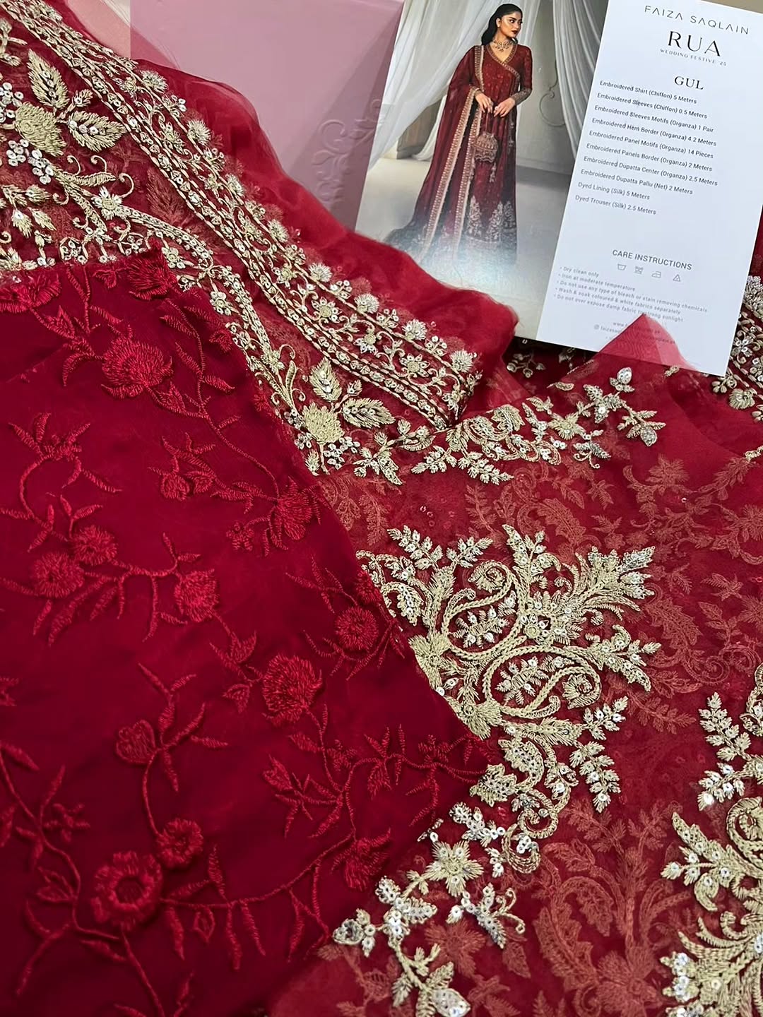 Red Embroidered Chiffon Angrakha - Faiza Saqlain | Rua Wedding Formals | Gul