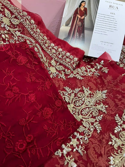 Red Embroidered Chiffon Angrakha - Faiza Saqlain | Rua Wedding Formals | Gul