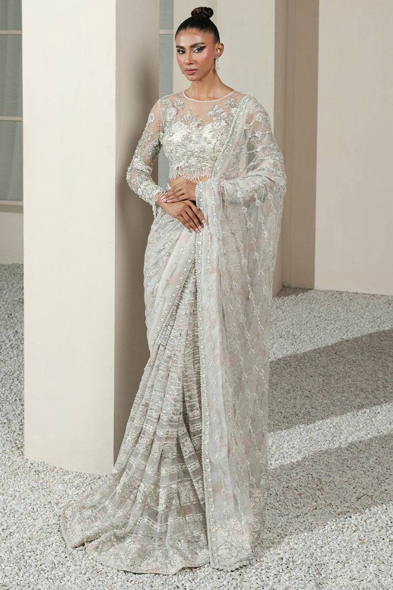 Khakaa | Serie Luxuriante 25 | White Orchid Saree - Ladies Clothes - Maria Faisal