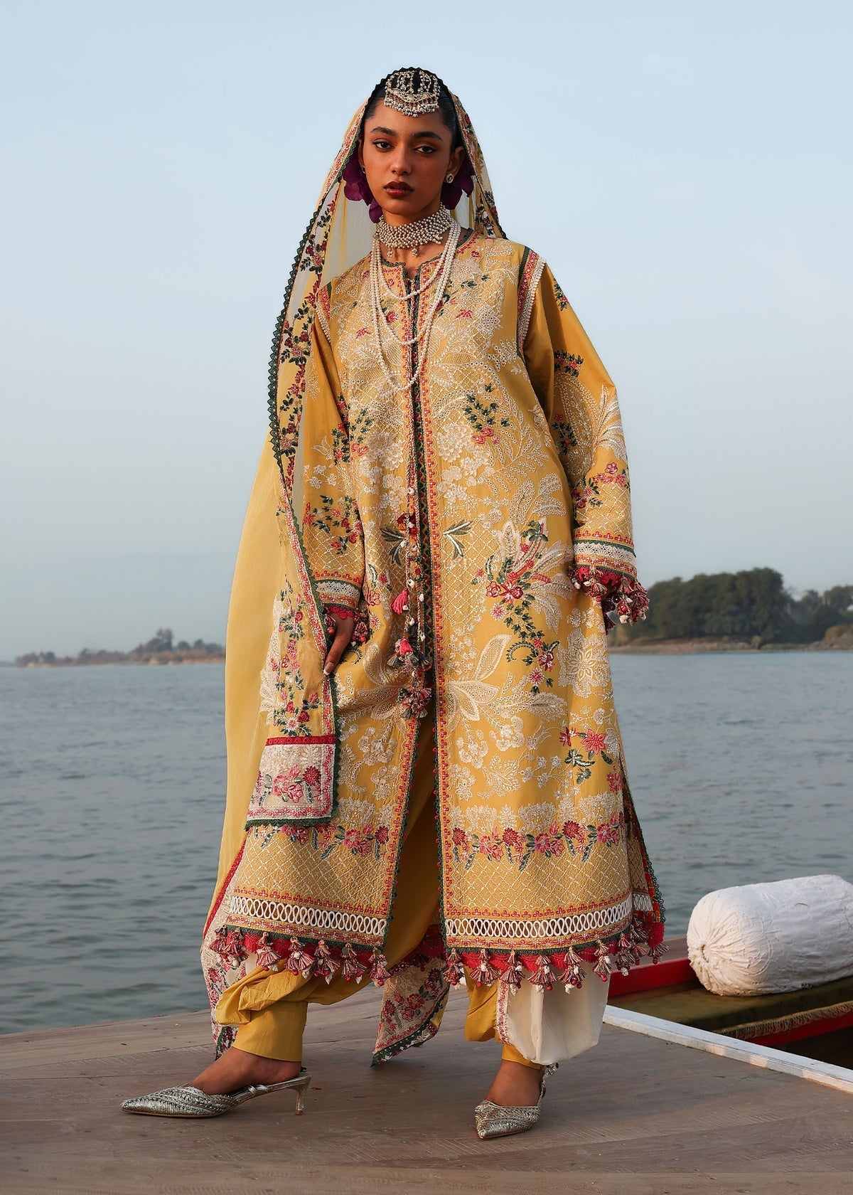 Hussain Rehar | Kalabagh Luxury Lawn 26 | Ochre - Luxury Dress - available at Maria Faisal in UK and USA.