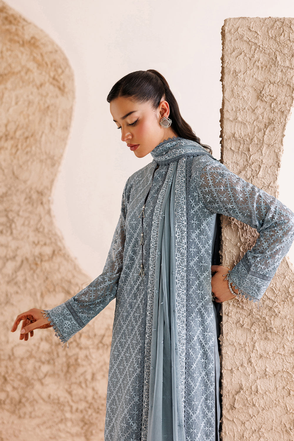 Farasha | Chiffon Threads 26 | PALE SLATE - Formal Dress - available at Maria Faisal in UK and USA.