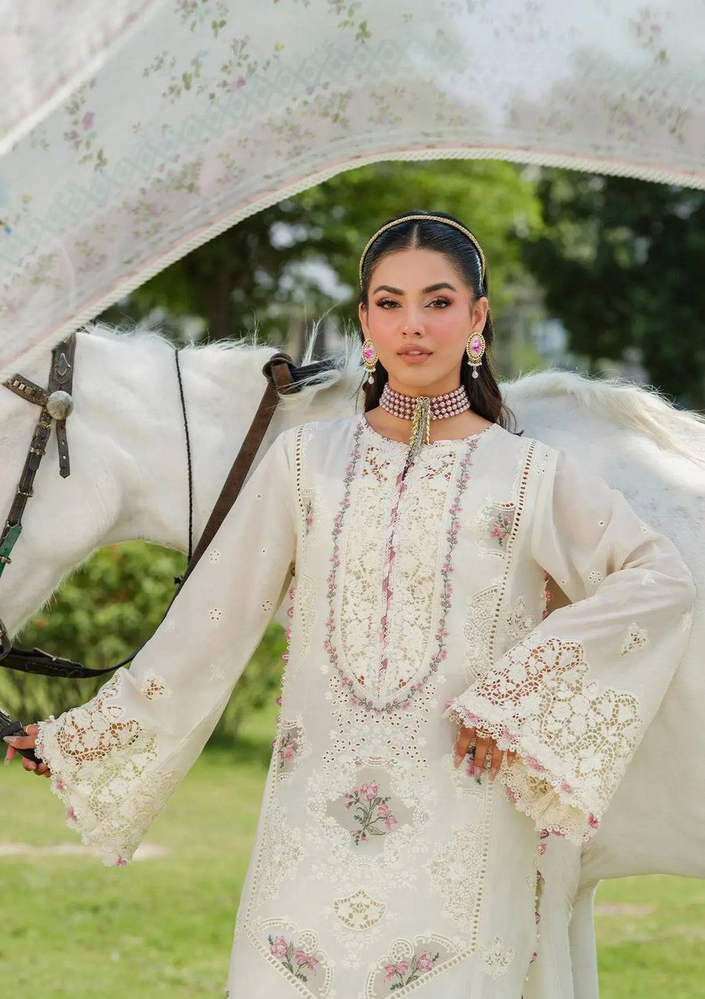 Elaf Premium | Luxury Lawn 25 | ELH-7A WHITE EMPRESS by Maria Faisal - Registered Vendor of : Elaf Premium - type : Ladies Clothes - 100% original wedding dresses