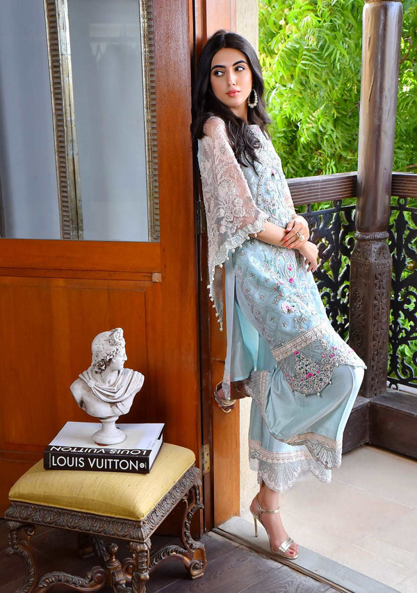 Layla Chatoor | Luxury Pret | Powder Blue - Luxury Dress - available at Maria Faisal in UK and USA.